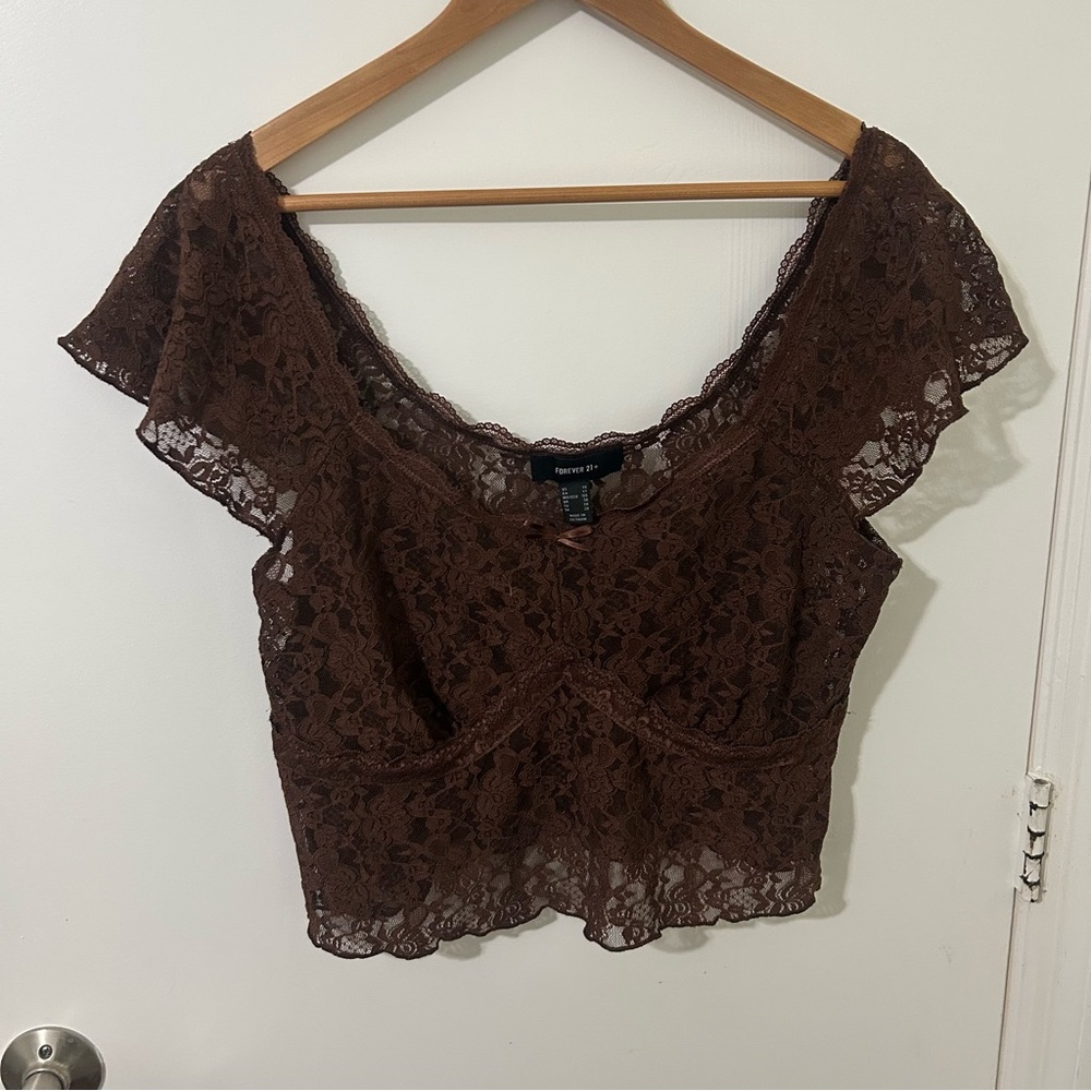 Forever 21 Chocolate Brown Sheer Lace Blouse Crop Top Plus Size